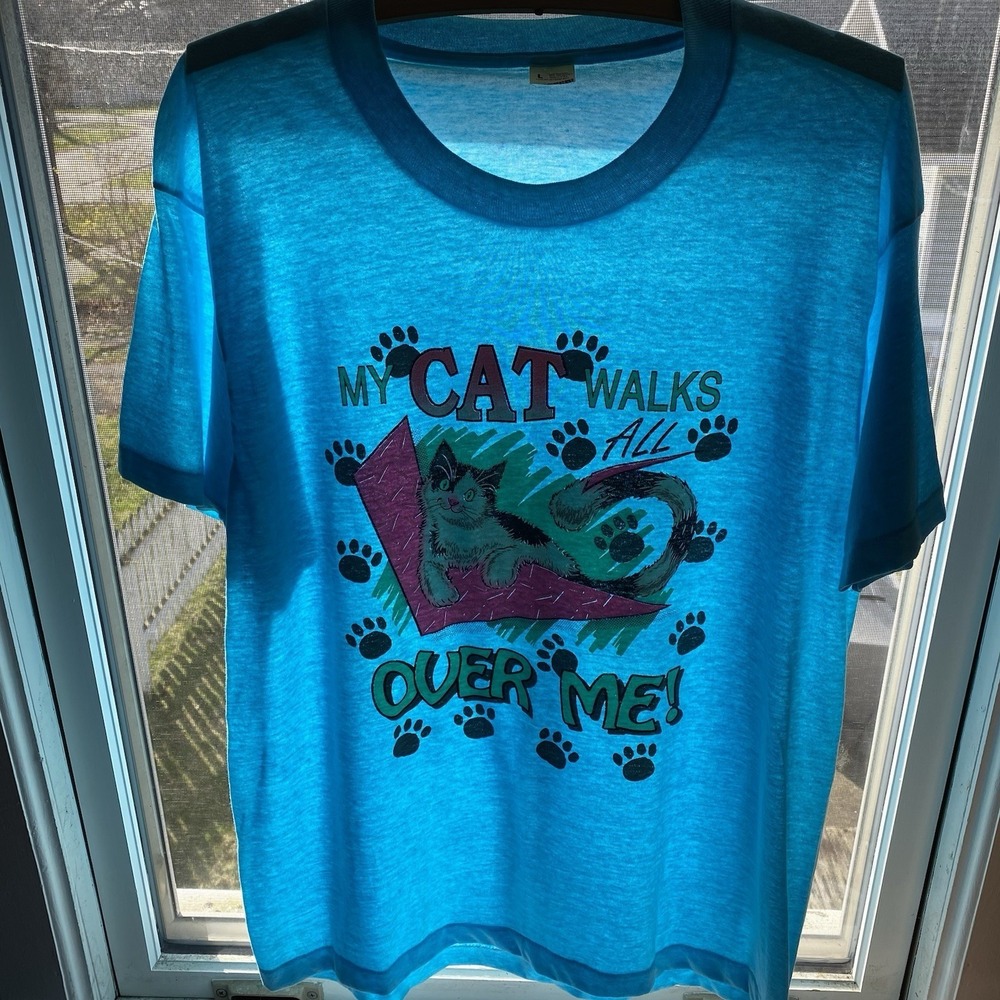 Vintage Cat Shirt Size L‎ Blue My Cat Walks All Over Me Humor Tee Paper Thin 80s